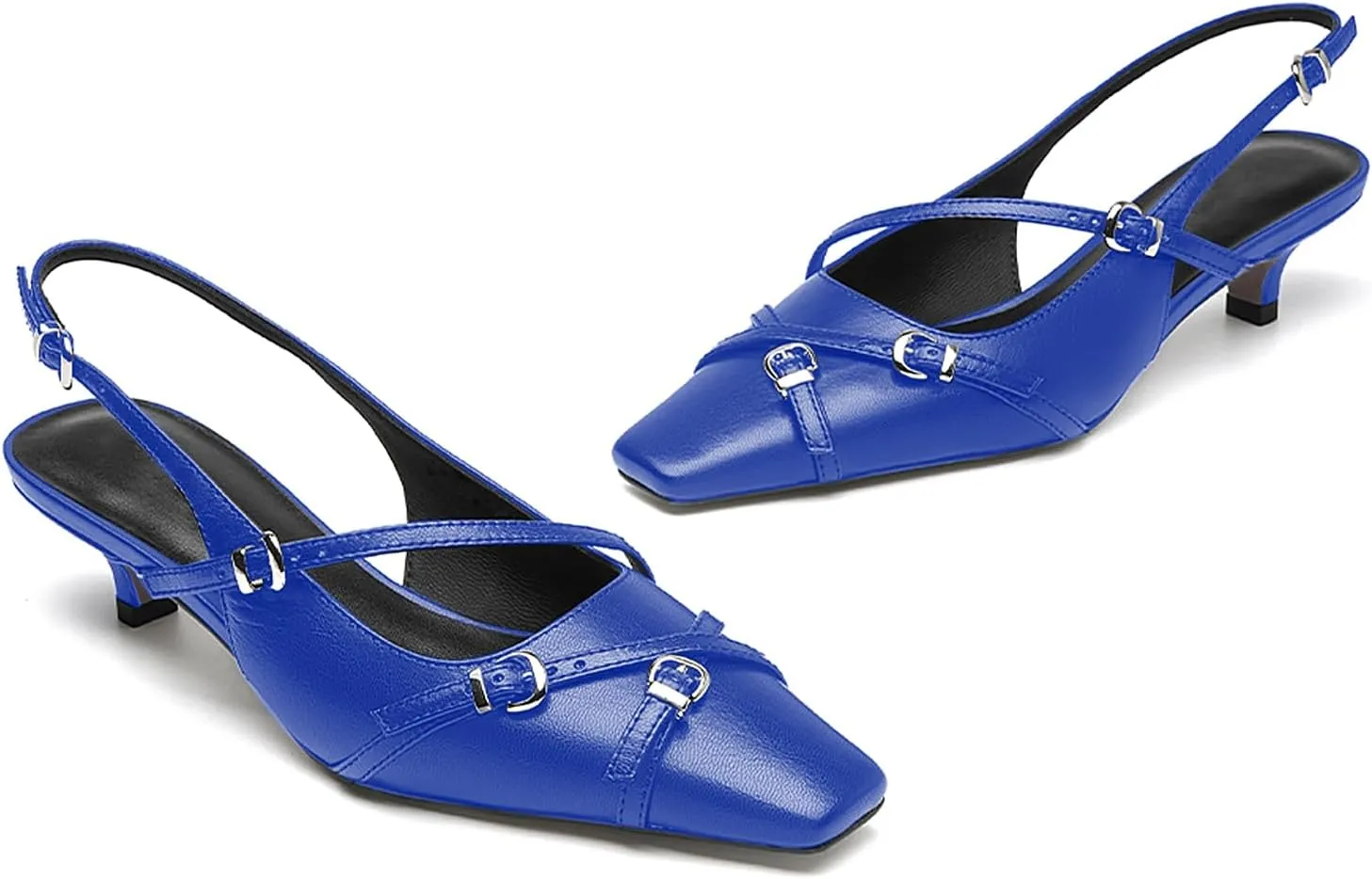 LEMUTISME Women's Stylish Matte Leather Square Toe Buckled Dressy Low Kitten Heel Chic Strappy Slingback Pumps Shoes