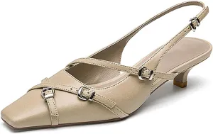 LEMUTISME Women's Stylish Matte Leather Square Toe Buckled Dressy Low Kitten Heel Chic Strappy Slingback Pumps Shoes