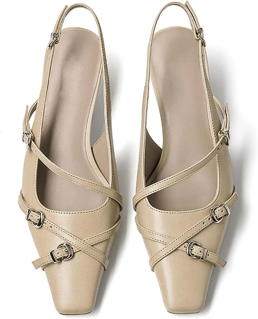LEMUTISME Women's Stylish Matte Leather Square Toe Buckled Dressy Low Kitten Heel Chic Strappy Slingback Pumps Shoes