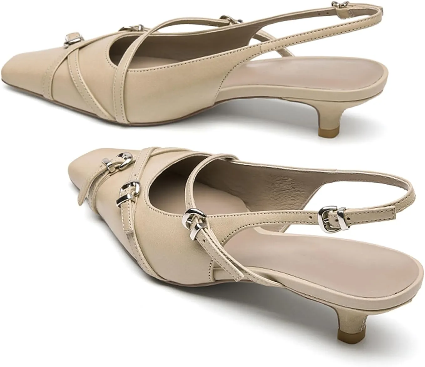 LEMUTISME Women's Stylish Matte Leather Square Toe Buckled Dressy Low Kitten Heel Chic Strappy Slingback Pumps Shoes