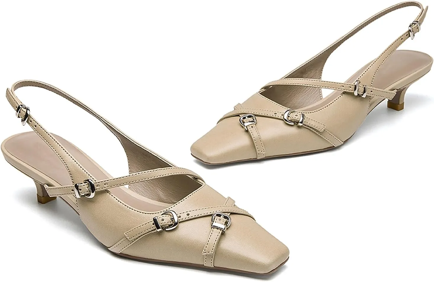 LEMUTISME Women's Stylish Matte Leather Square Toe Buckled Dressy Low Kitten Heel Chic Strappy Slingback Pumps Shoes