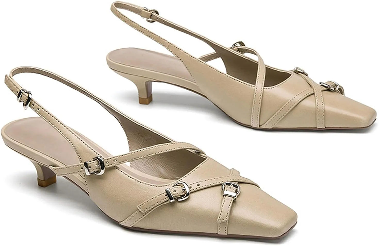LEMUTISME Women's Stylish Matte Leather Square Toe Buckled Dressy Low Kitten Heel Chic Strappy Slingback Pumps Shoes