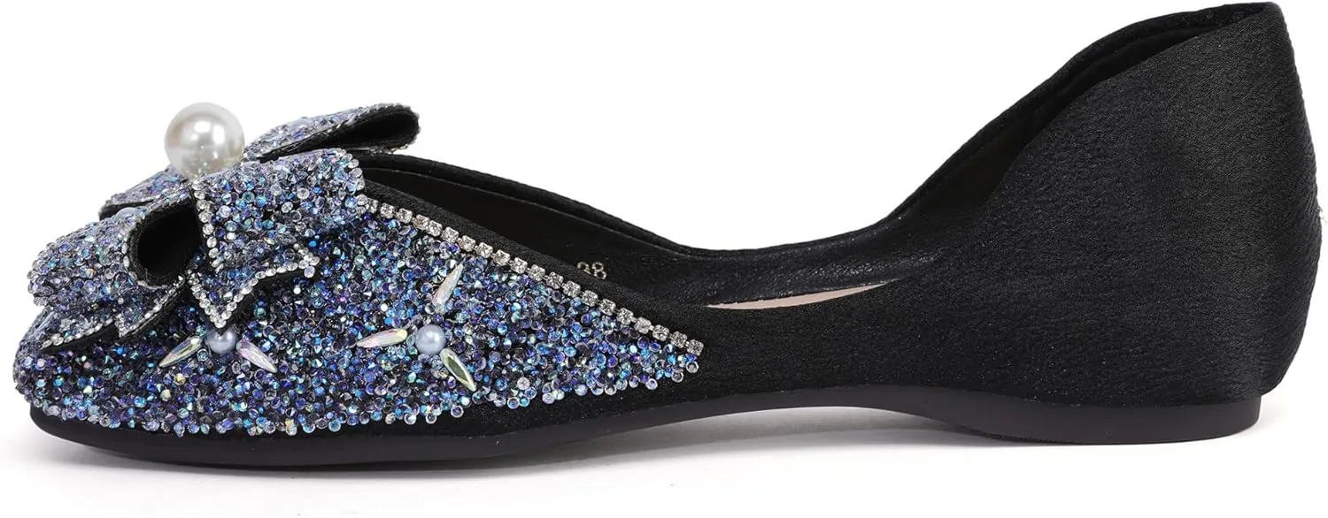 Women's Pointed Rhinestone Flat Shoes Glitter Flowers Wedding Comfortable Dress Shoes