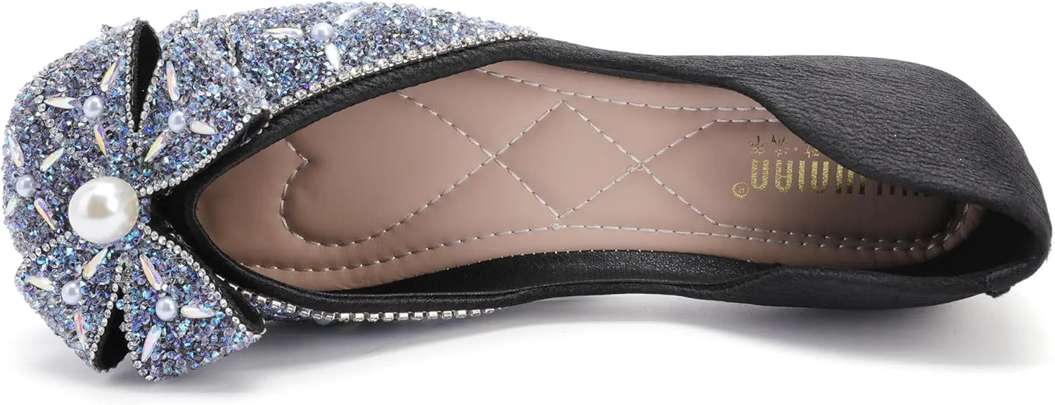 Women's Pointed Rhinestone Flat Shoes Glitter Flowers Wedding Comfortable Dress Shoes