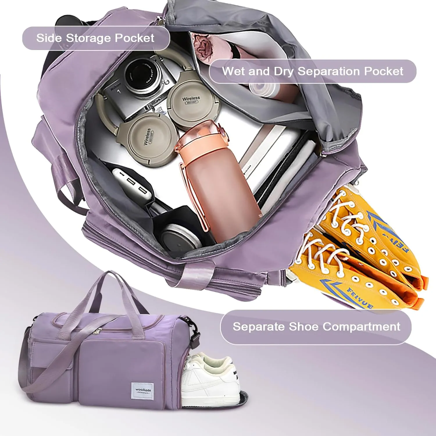 WOOMADA Foldable Travel Duffel Bag with Shoes Compartment, Overnight Bag with Wet Pocket & Trolley Sleeve, Weekender Bags for Women(A-pink leopard)